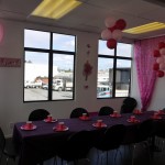 The party zone decorated pink!  Other colours that it can be decorated are BLUE, RED and PURPLE